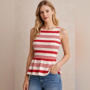 Anthropologie Vanessa Virginia Red Cream Striped Peplum Top XS